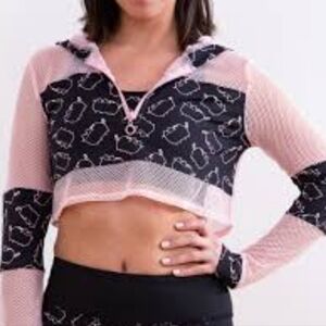 Pusheen Print Black and Pink Mesh Long Sleeve Sports Crop Top